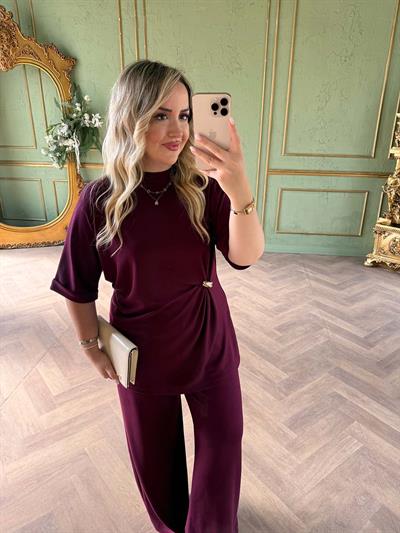 Double Kol Gold Bel Detaylı Modal Takım Mürdüm