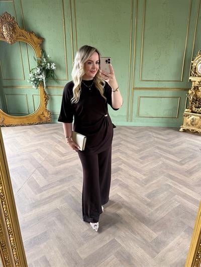 Double Kol Gold Bel Detaylı Modal Takım Acı Kahve