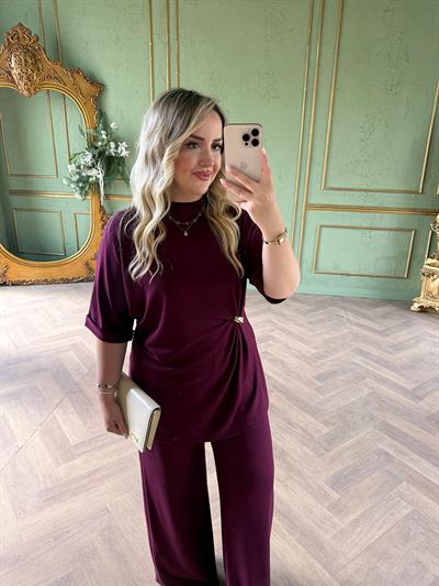 Double Kol Gold Bel Detaylı Modal Takım Mürdüm