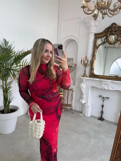 Drapeli Kırmızı Gül Desenli Orj Marka Model Tül Elbise