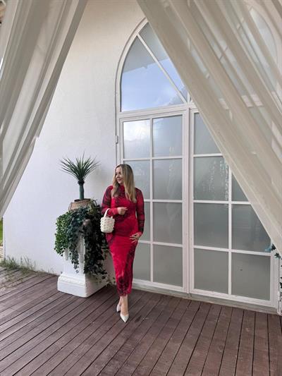 Drapeli Kırmızı Gül Desenli Orj Marka Model Tül Elbise