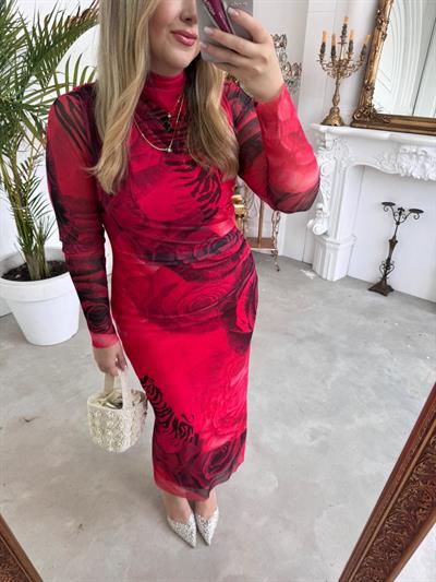 Drapeli Kırmızı Gül Desenli Orj Marka Model Tül Elbise