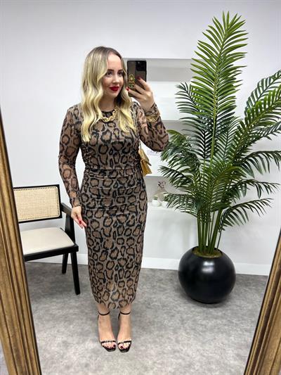 Drapeli Leopar Tül Elbise