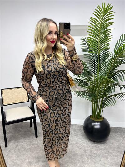 Drapeli Leopar Tül Elbise