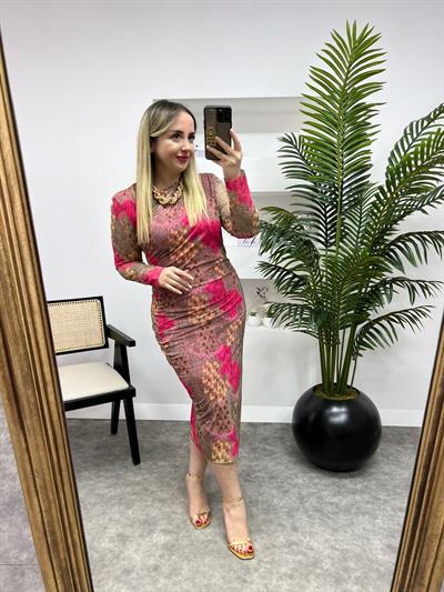 Drapeli Pembe Desenli Tül Elbise