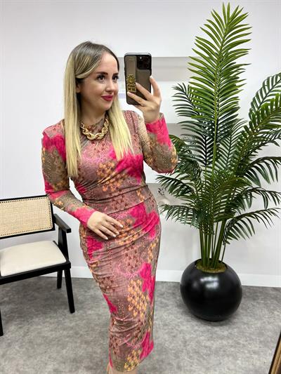 Drapeli Pembe Desenli Tül Elbise