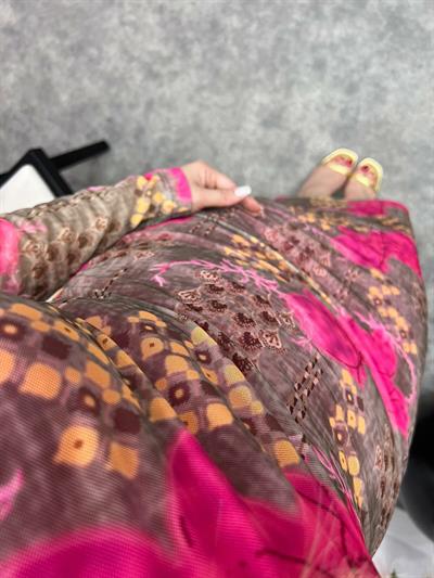 Drapeli Pembe Desenli Tül Elbise