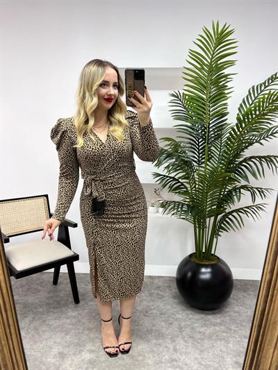 Drapeli Puskül Detaylı Kuşaklı Leopar Elbise