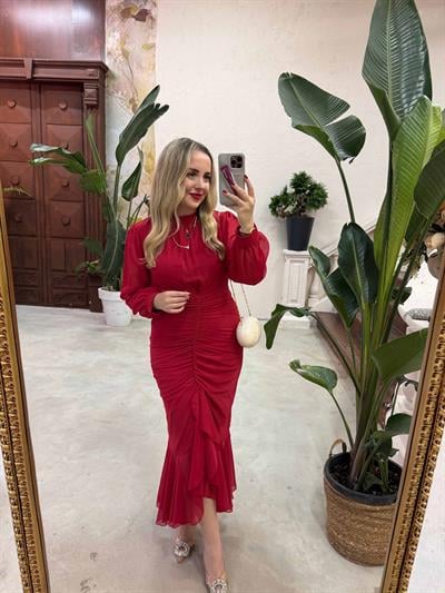 Drapeli Şifon Elbise Kırmızı