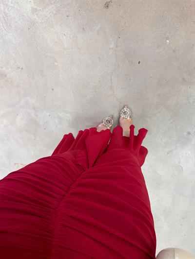 Drapeli Şifon Elbise Kırmızı