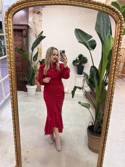 Drapeli Şifon Elbise Kırmızı