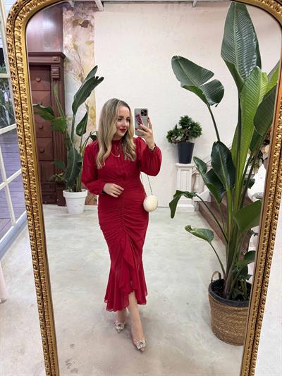 Drapeli Şifon Elbise Kırmızı