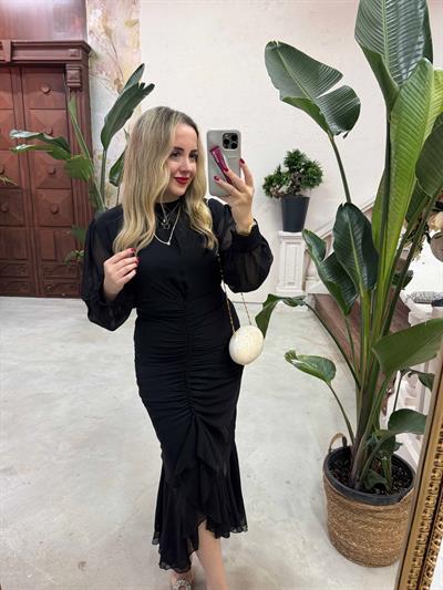 Drapeli Şifon Elbise Siyah