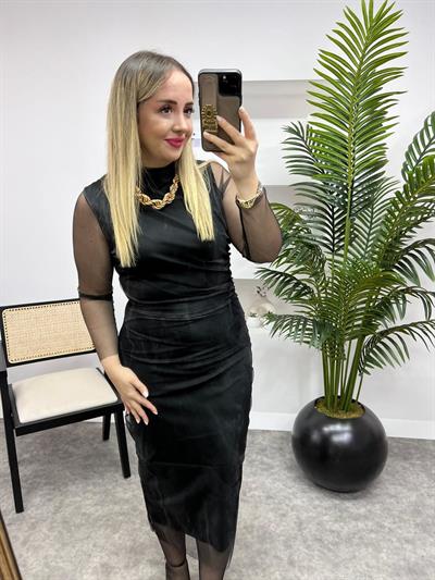 Drapeli Siyah Desenli Elbise