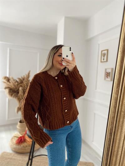 Düğme Detay Yumoş Yün Hirka Kahverengi