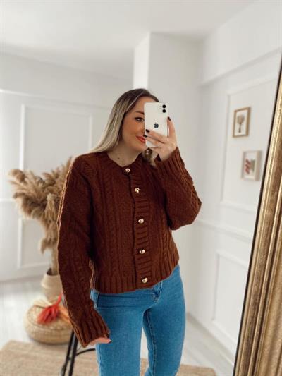 Düğme Detay Yumoş Yün Hirka Kahverengi