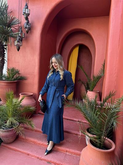 Düğmeli Denim Elbise Koyu Mavi