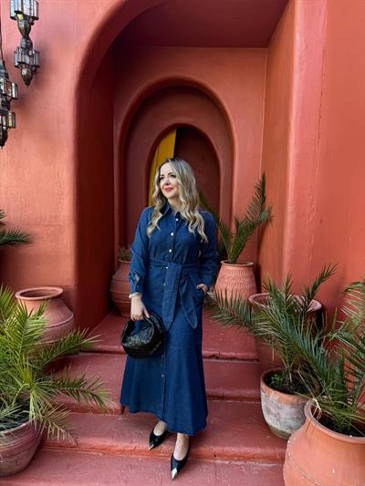 Düğmeli Denim Elbise Koyu Mavi