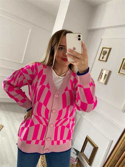 Düğmeli Desenli Neon Pembe Hirka