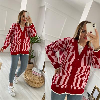 Düğmeli Desenli Pembe Kirmizi Hirka