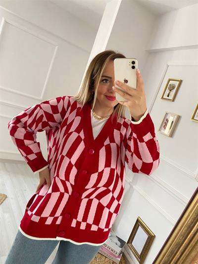 Düğmeli Desenli Pembe Kirmizi Hirka