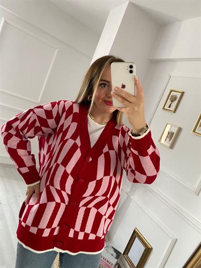 Düğmeli Desenli Pembe Kirmizi Hirka