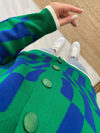 Düğmeli Desenli Yeşil Mavi Hirka