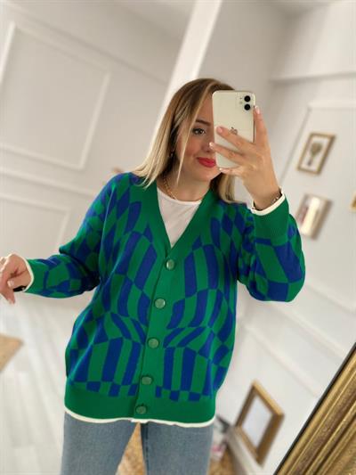 Düğmeli Desenli Yeşil Mavi Hirka