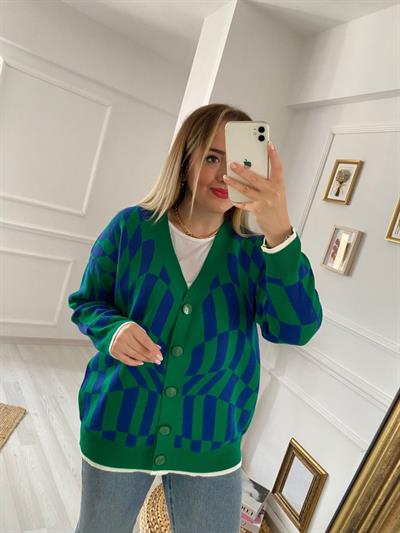 Düğmeli Desenli Yeşil Mavi Hirka