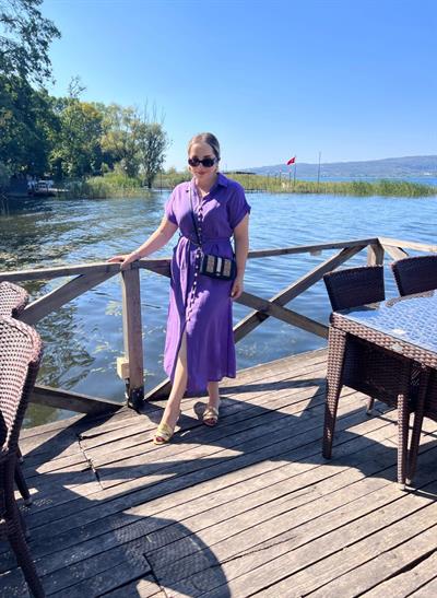 Düğmeli Kuşaklı Tokalı Mor Keten Elbise