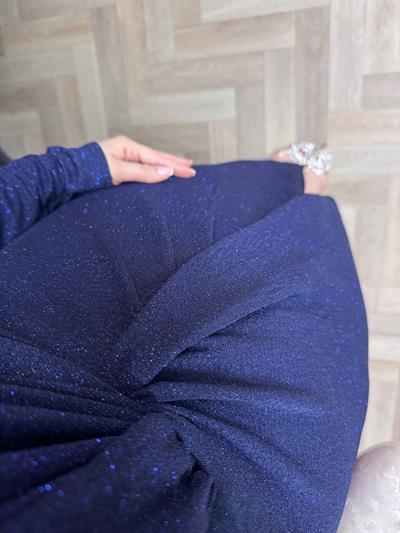 Düğüm Detaylı Kendinden Simli Kumaş Elbise Lacivert