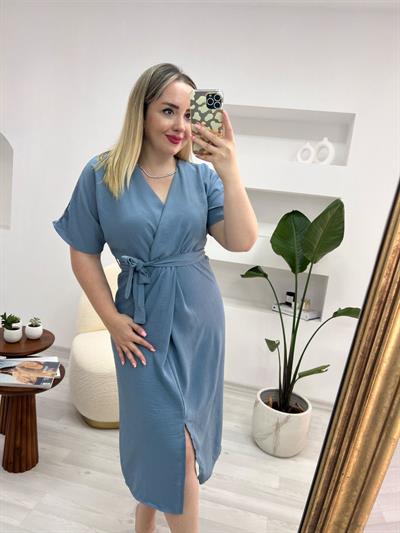 Düğüm Detaylı Kısa Kollu Elbise Soft Mavi