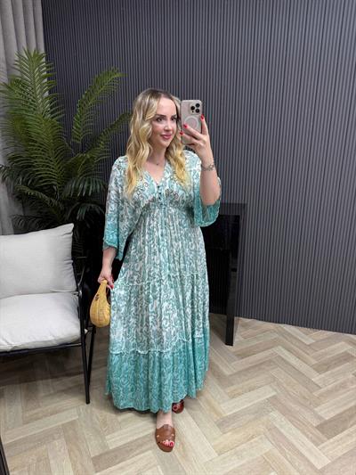 Ebruli İthal Tasarım Elbise Mint Yeşil
