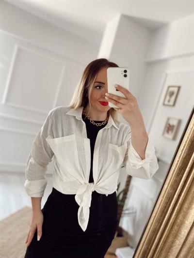 Ekru Cepli Pamuk Keten Gömlek