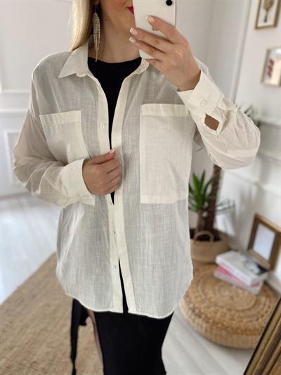Ekru Cepli Pamuk Keten Gömlek