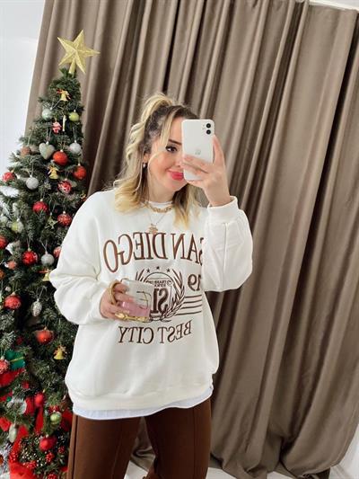 Ekru Kahverengi Yazılı Yumoş Sweat