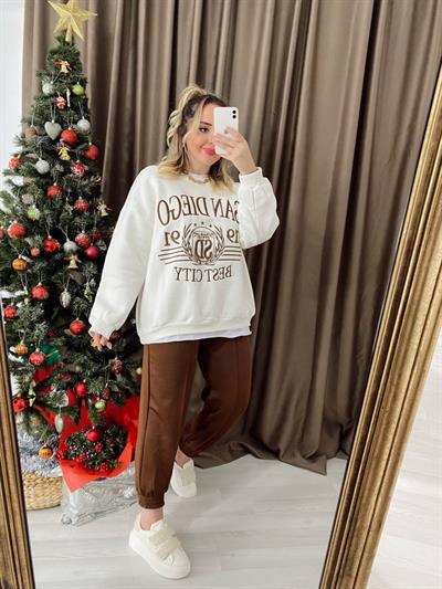 Ekru Kahverengi Yazılı Yumoş Sweat