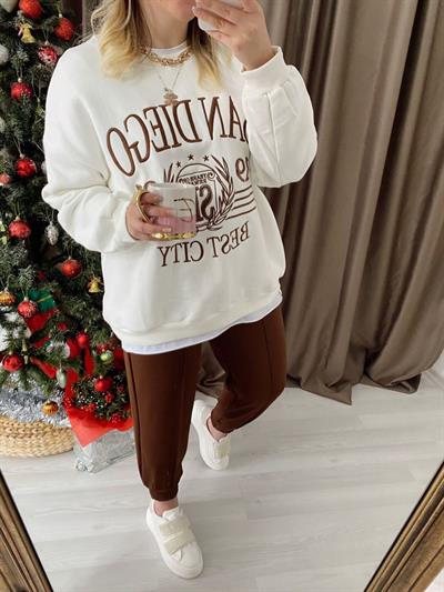 Ekru Kahverengi Yazılı Yumoş Sweat