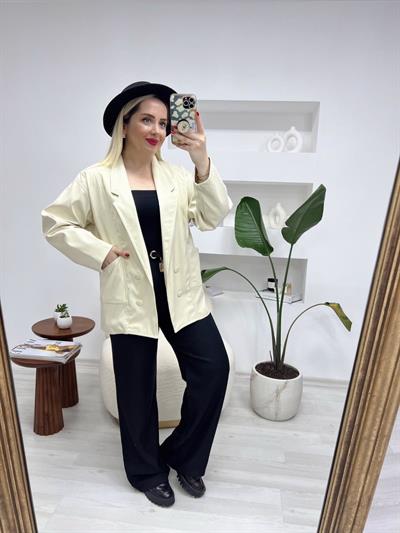 Ekru Renk Vintage Model Deri Ceket
