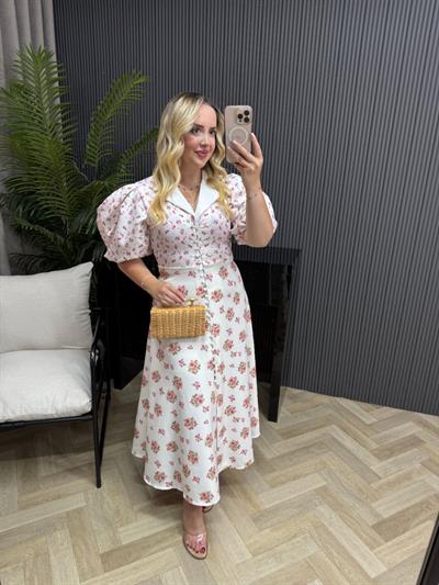 Elara Balon Kol Çiçekli Tasarım Elbise Çiçek Desenli