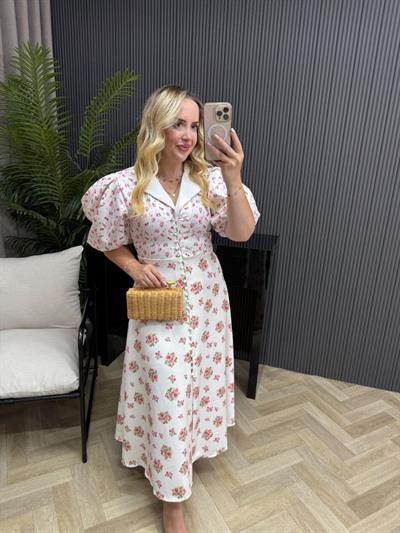 Elara Balon Kol Çiçekli Tasarım Elbise Çiçek Desenli