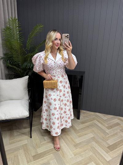 Elara Balon Kol Çiçekli Tasarım Elbise Çiçek Desenli