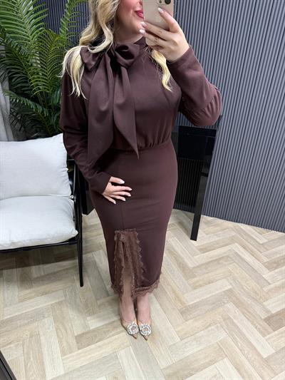 Eleni Fiyonk Bağlama Ve Dantel Detaylı Elbise Acı Kahve