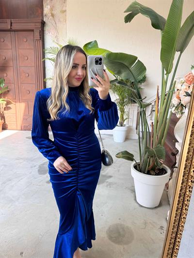 Eliz Drapeli Kadife Elbise Saks