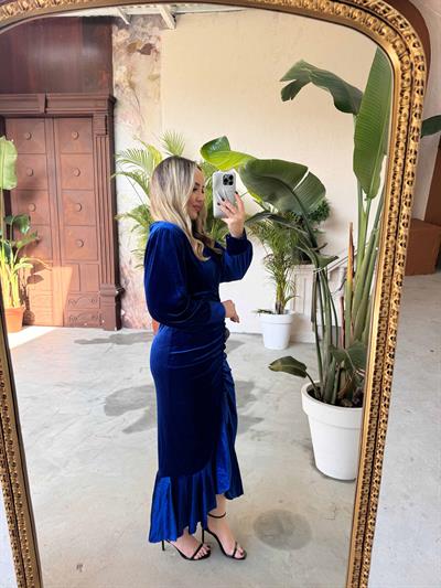 Eliz Drapeli Kadife Elbise Saks