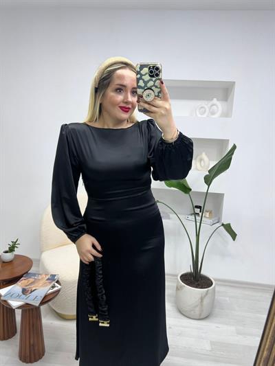 Ella Özel Tasarım Saten Elbise Siyah