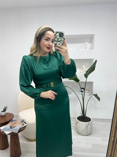 Ella Özel Tasarım Saten Elbise Zümrüt