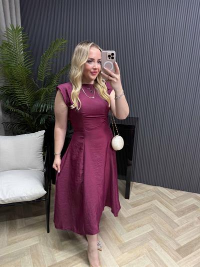 Elsa Bel Detaylı Tasarım Elbise Mürdüm