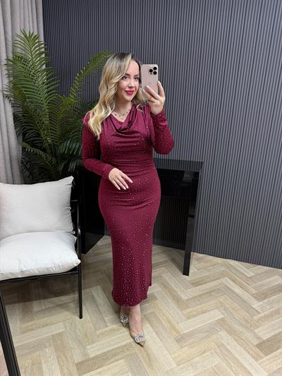 Elsa Vatkalı Degaje Yaka Taşli Modal Elbise Bordo