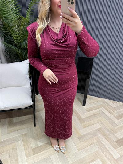 Elsa Vatkalı Degaje Yaka Taşli Modal Elbise Bordo